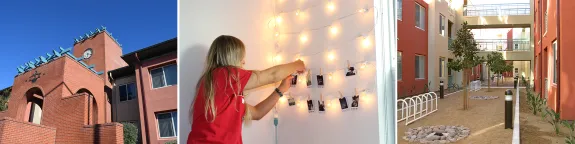 Photos of dorm building and resident hanging lights